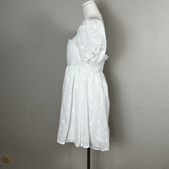 Lulus Mini Fit to Frolic White Eyelet Lace Puff Sleeve Babydoll Dress Size Med - Picture 4 of 11